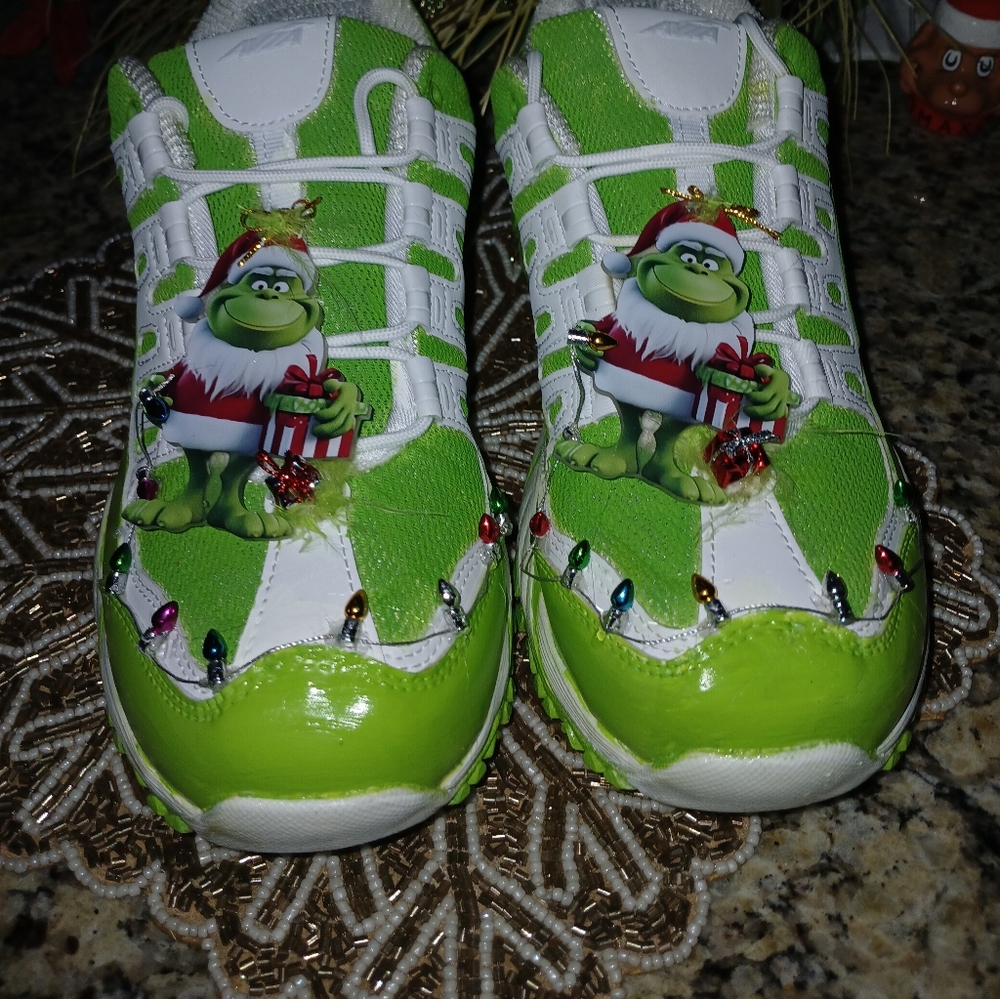 Green and White  Grinch Men's Sneakers 12wide Custom Made One Of A Kind
